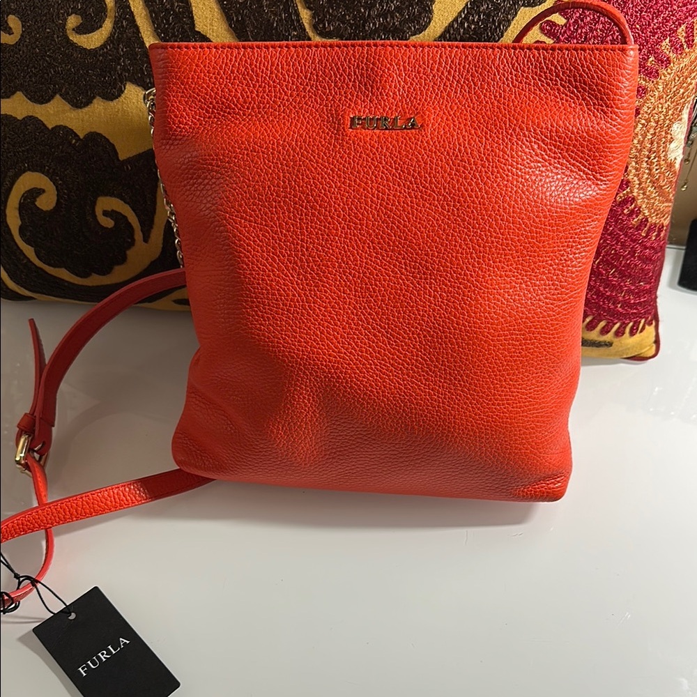 Furla Orange Crossbody Bag with Textured Leather Finish